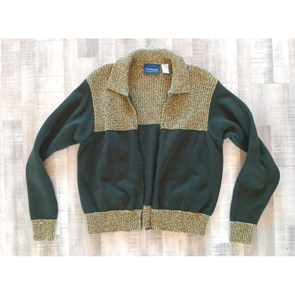 Liz Claiborne Sweaters - VTG 2 tone Liz Claiborne Sport Green Tan Women's Sweater S Jacket front zip